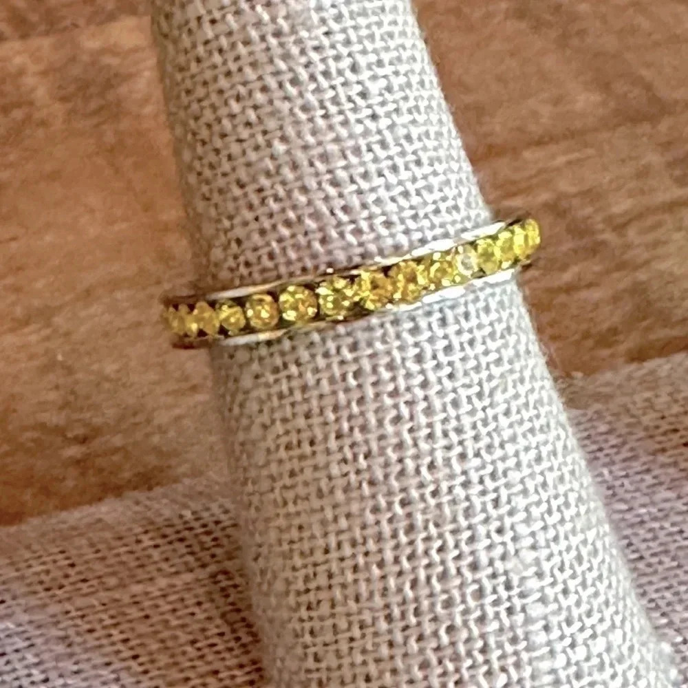 Yellow Citrine Colored CZ Stainless Steel Eternity Band Ring November Birthstone - Picture 4 of 6